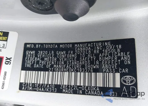 2019 Toyota Corolla L z USA, uszkodzony, nr VIN 2T1BURHE0KC183376